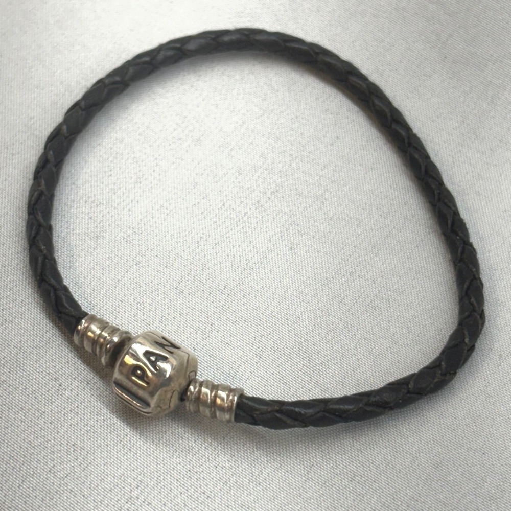 Pandora Leather Bracelet Women 7in Black Good 925 Sterling Silver Braided Cord